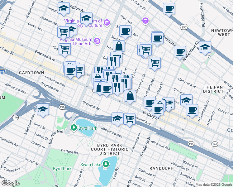 map of restaurants, bars, coffee shops, grocery stores, and more near 13 South Davis Avenue in Richmond