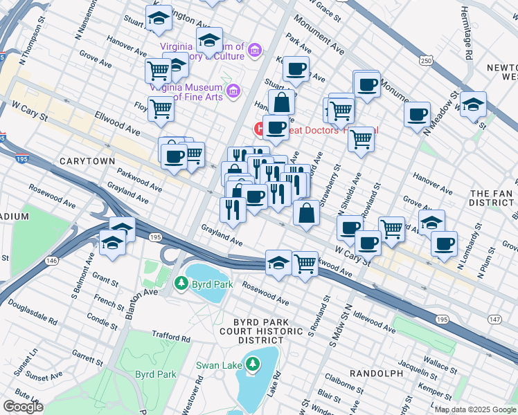 map of restaurants, bars, coffee shops, grocery stores, and more near 2512 West Cary Street in Richmond