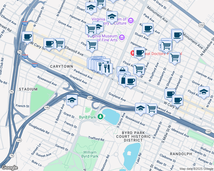 map of restaurants, bars, coffee shops, grocery stores, and more near 111 Virginia 161 in Richmond