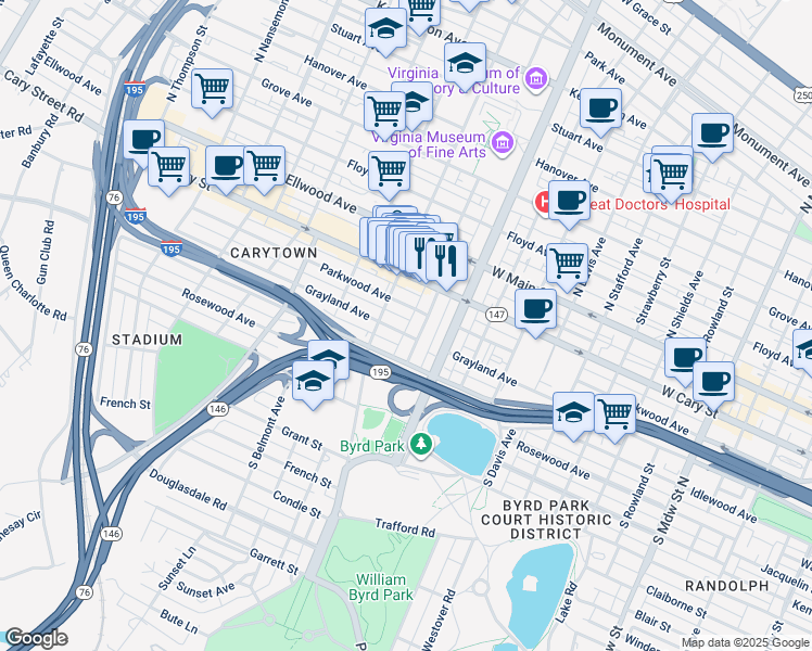 map of restaurants, bars, coffee shops, grocery stores, and more near 2900 Grayland Avenue in Richmond