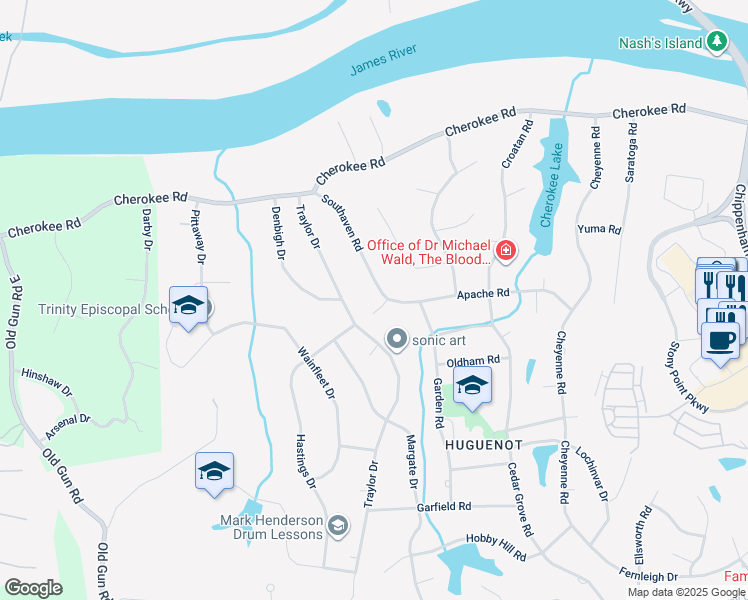 map of restaurants, bars, coffee shops, grocery stores, and more near 4100 Southaven Road in Richmond