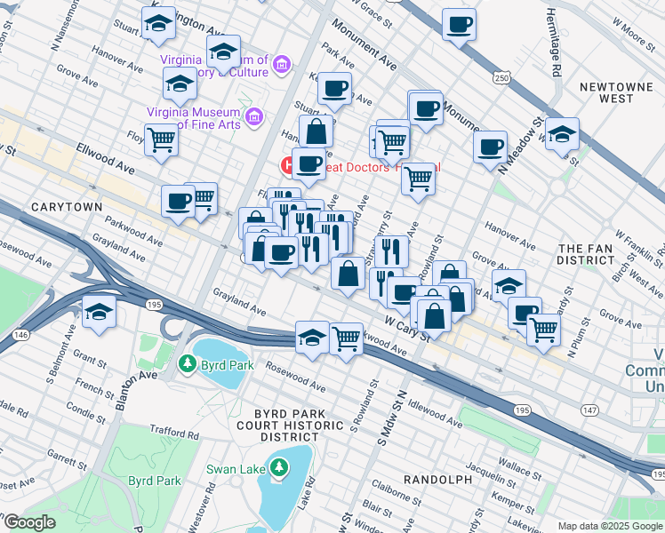 map of restaurants, bars, coffee shops, grocery stores, and more near 1 North Stafford Avenue in Richmond