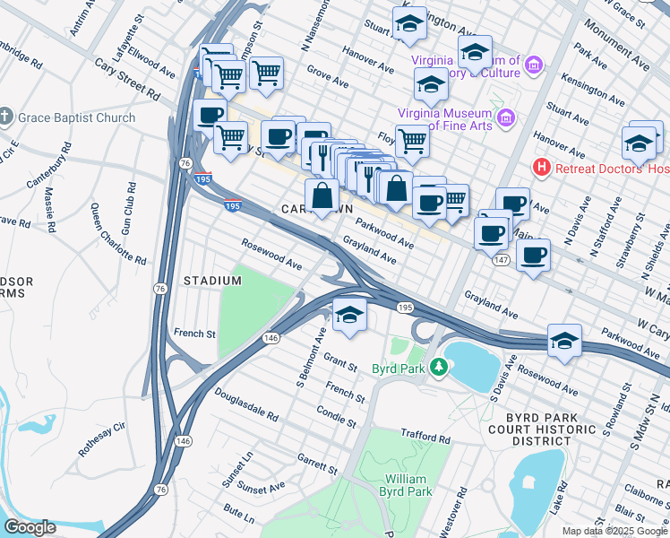 map of restaurants, bars, coffee shops, grocery stores, and more near 401 McCloy Street in Richmond