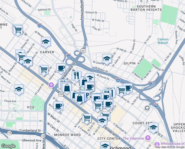 map of restaurants, bars, coffee shops, grocery stores, and more near 630 Chamberlayne Avenue in Richmond