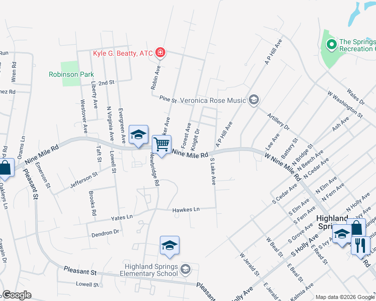 map of restaurants, bars, coffee shops, grocery stores, and more near 6100 Nine Mile Road in Richmond