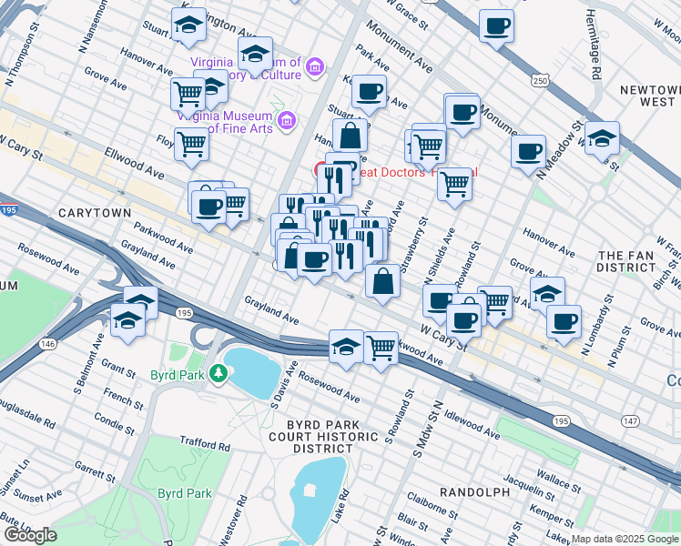 map of restaurants, bars, coffee shops, grocery stores, and more near 21 South Davis Avenue in Richmond