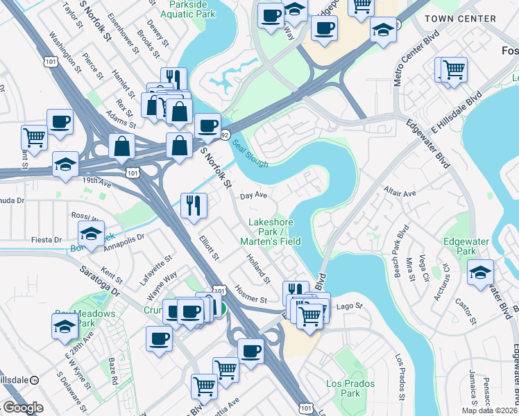 map of restaurants, bars, coffee shops, grocery stores, and more near 1555 Marina Court in San Mateo