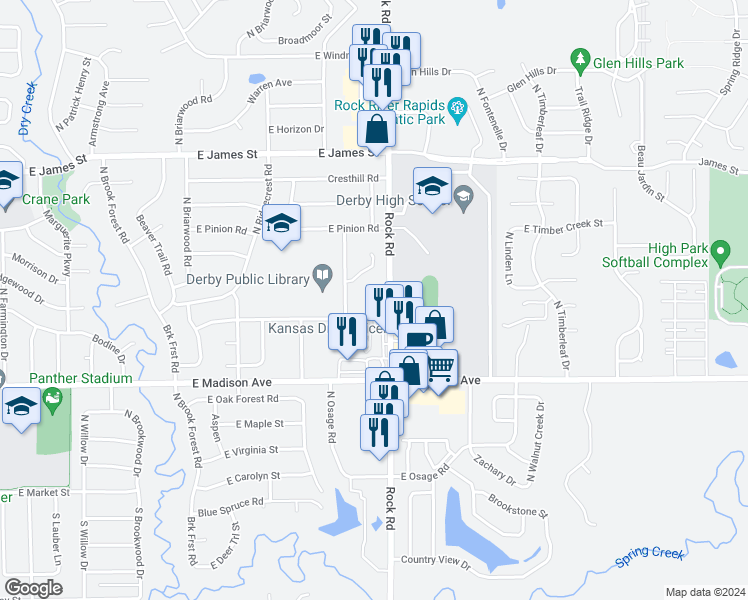 map of restaurants, bars, coffee shops, grocery stores, and more near 733 Pin Oak Court in Derby
