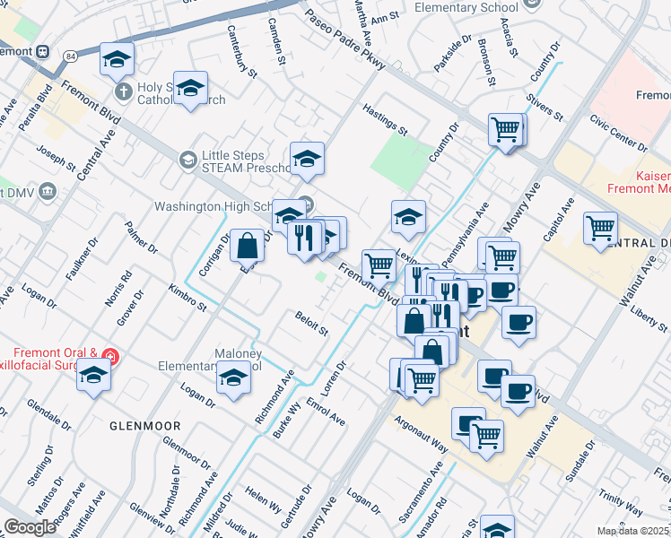 map of restaurants, bars, coffee shops, grocery stores, and more near 38550 Ginsberg Terrace in Fremont