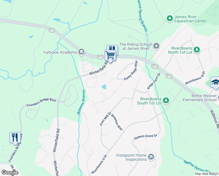 map of restaurants, bars, coffee shops, grocery stores, and more near 14312 Fox Hurst Place in Midlothian