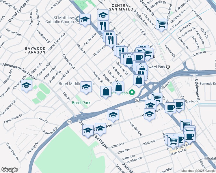 map of restaurants, bars, coffee shops, grocery stores, and more near 1531 Nadina Street in San Mateo
