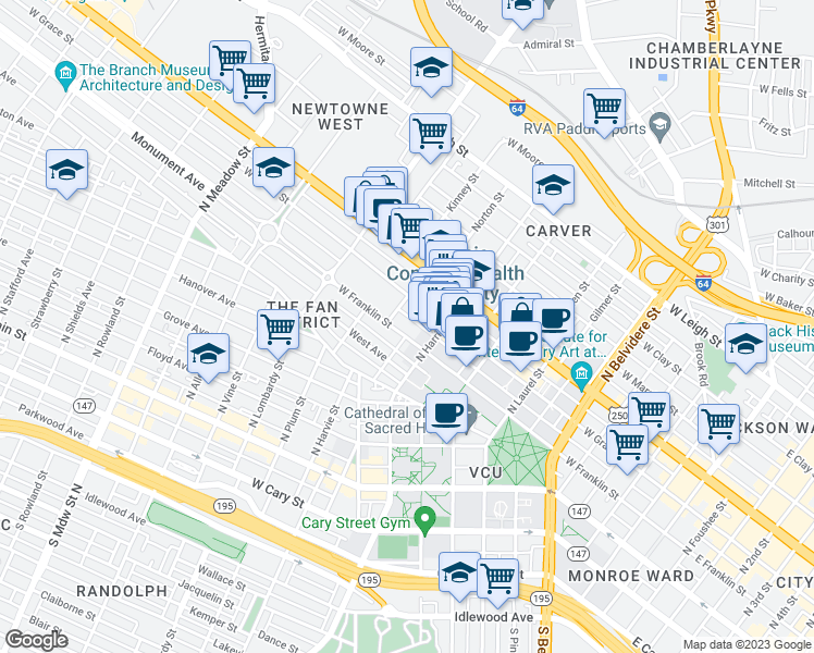 map of restaurants, bars, coffee shops, grocery stores, and more near 1022 West Franklin Street in Richmond