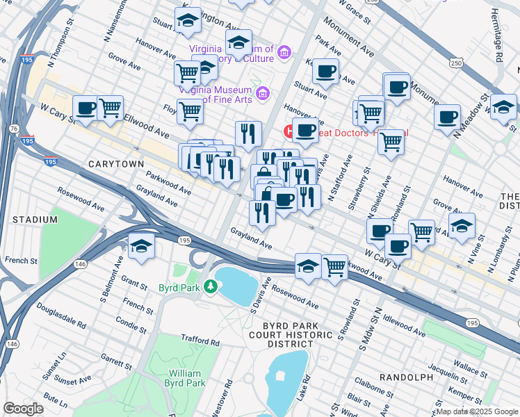 map of restaurants, bars, coffee shops, grocery stores, and more near 2627 West Cary Street in Richmond