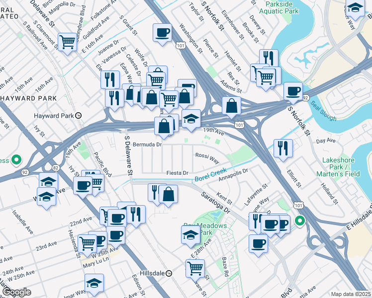 map of restaurants, bars, coffee shops, grocery stores, and more near 2009 Trinity Street in San Mateo