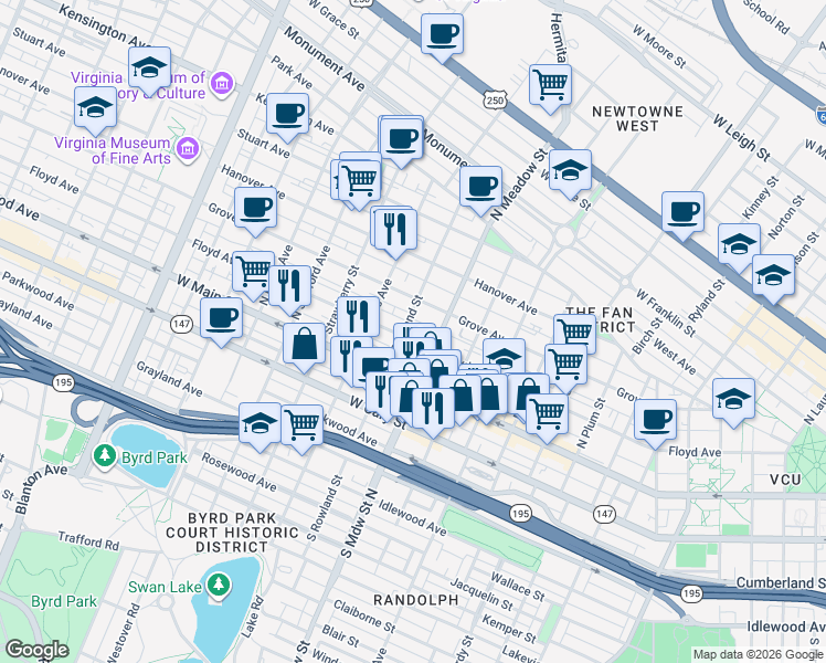 map of restaurants, bars, coffee shops, grocery stores, and more near 2020 Floyd Avenue in Richmond