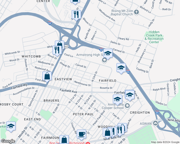map of restaurants, bars, coffee shops, grocery stores, and more near 2220 Fairfield Avenue in Richmond