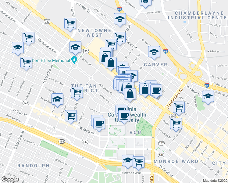 map of restaurants, bars, coffee shops, grocery stores, and more near 1011 West Grace Street in Richmond