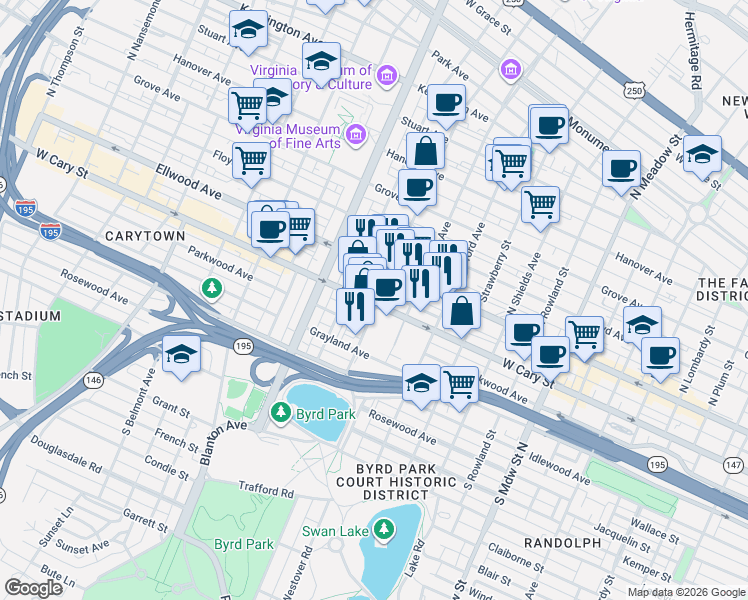 map of restaurants, bars, coffee shops, grocery stores, and more near 2512 West Cary Street in Richmond