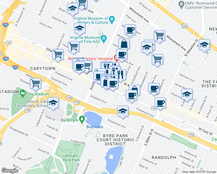 map of restaurants, bars, coffee shops, grocery stores, and more near 2512 West Cary Street in Richmond