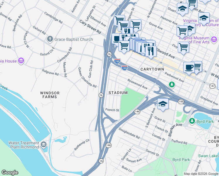 map of restaurants, bars, coffee shops, grocery stores, and more near 611 Rothesay Road in Richmond