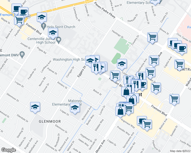 map of restaurants, bars, coffee shops, grocery stores, and more near 38487 Fremont Boulevard in Fremont