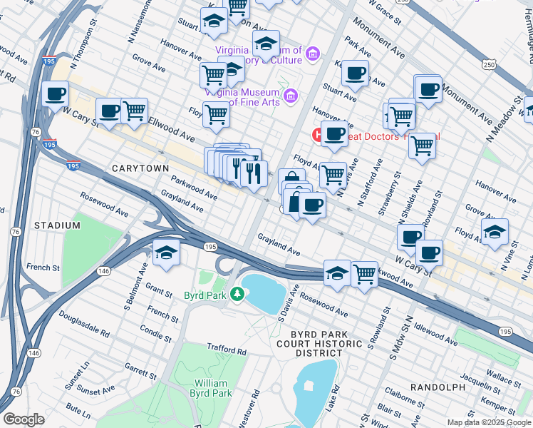 map of restaurants, bars, coffee shops, grocery stores, and more near 111 Virginia 161 in Richmond