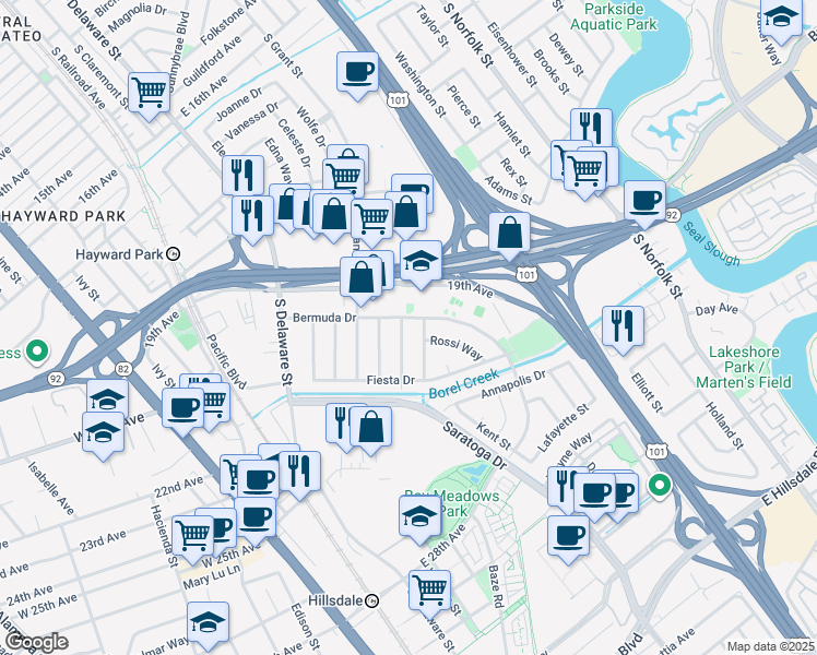 map of restaurants, bars, coffee shops, grocery stores, and more near 2009 Trinity Street in San Mateo