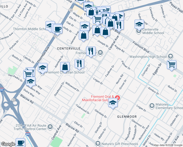 map of restaurants, bars, coffee shops, grocery stores, and more near 4451 Central Avenue in Fremont