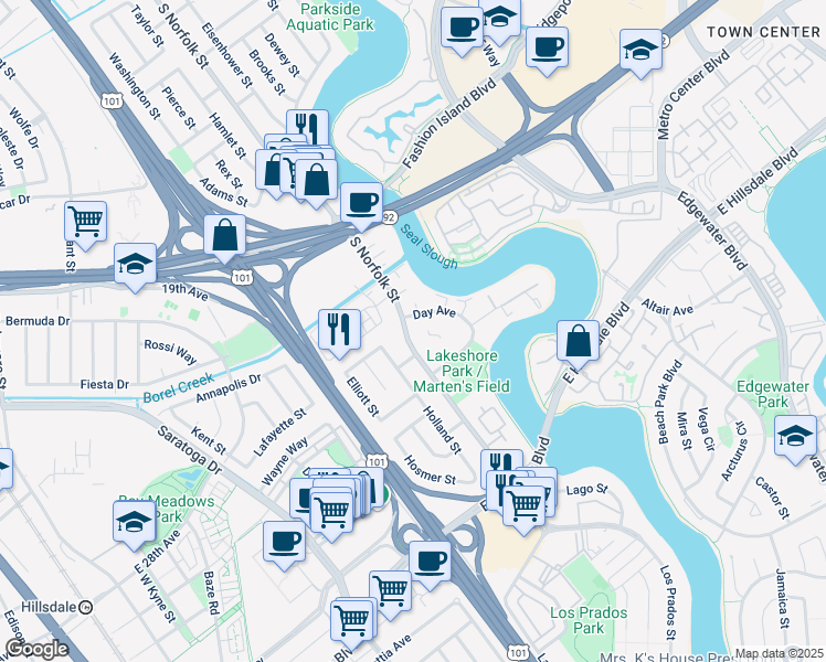 map of restaurants, bars, coffee shops, grocery stores, and more near 2327 South Norfolk Street in San Mateo