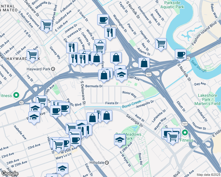 map of restaurants, bars, coffee shops, grocery stores, and more near 2011 Potomac Way in San Mateo