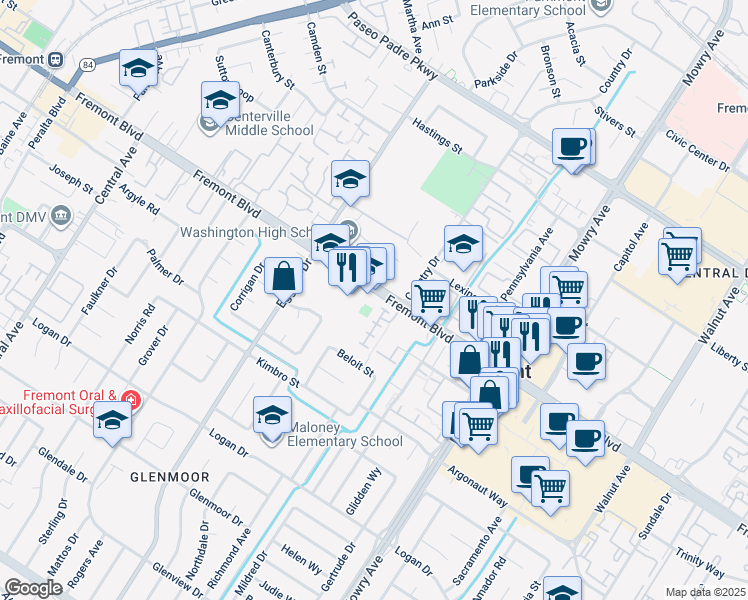 map of restaurants, bars, coffee shops, grocery stores, and more near 38513 Fremont Boulevard in Fremont