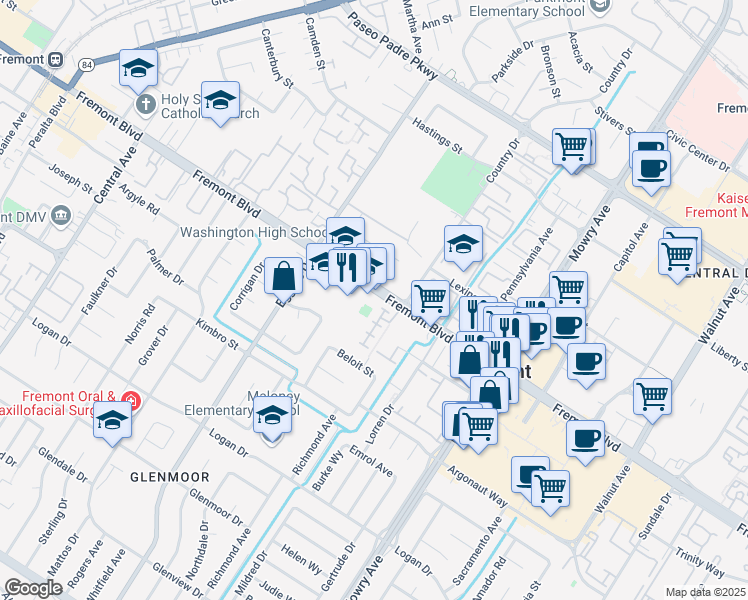 map of restaurants, bars, coffee shops, grocery stores, and more near 38550 Ginsberg Terrace in Fremont