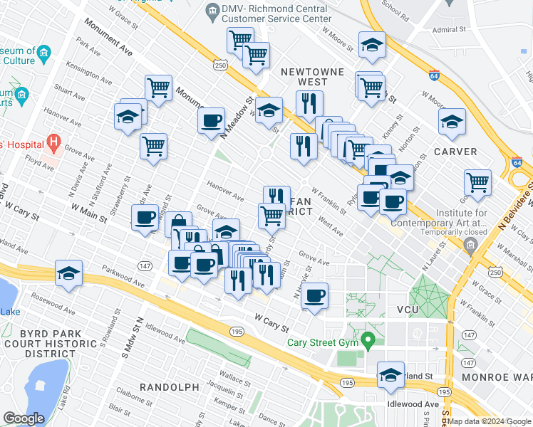 map of restaurants, bars, coffee shops, grocery stores, and more near 1621 Hanover Avenue in Richmond