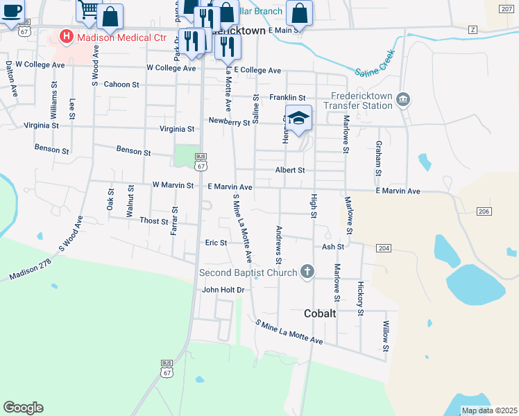map of restaurants, bars, coffee shops, grocery stores, and more near 714A Andrews Street in Fredericktown