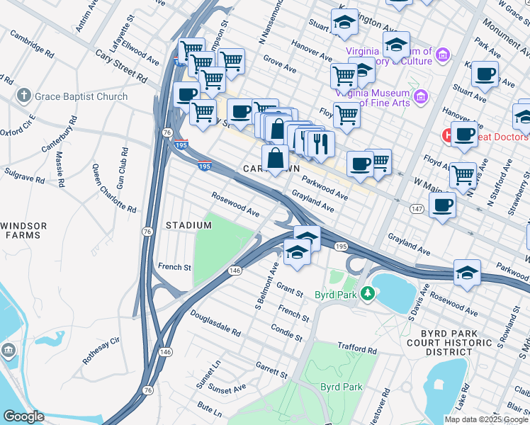 map of restaurants, bars, coffee shops, grocery stores, and more near 3200 Rosewood Avenue in Richmond