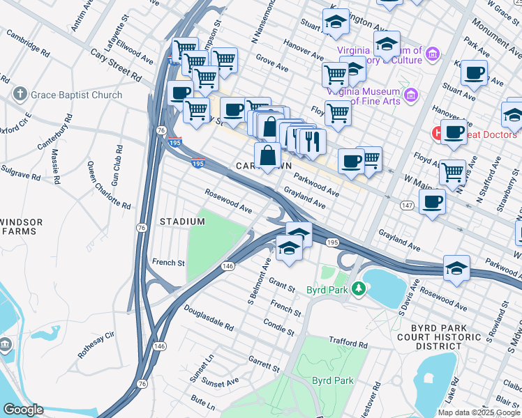 map of restaurants, bars, coffee shops, grocery stores, and more near 3200 Rosewood Ave in Richmond