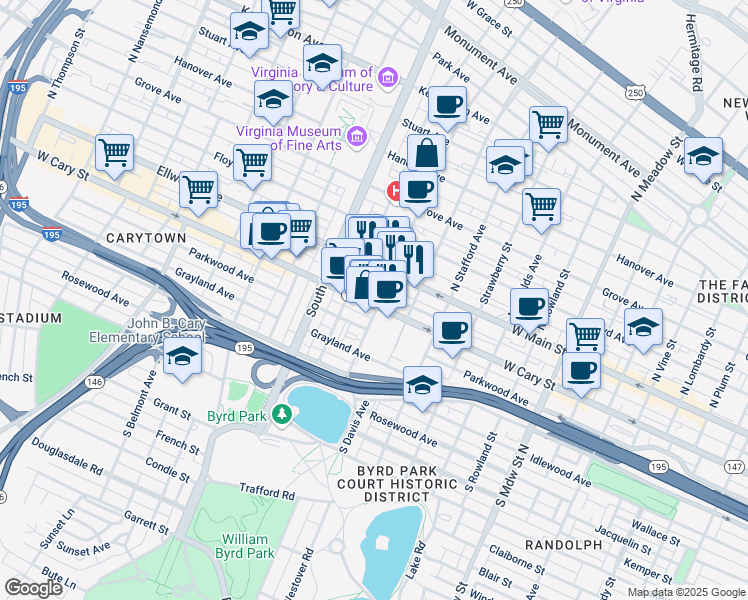 map of restaurants, bars, coffee shops, grocery stores, and more near 20 South Robinson Street in Richmond