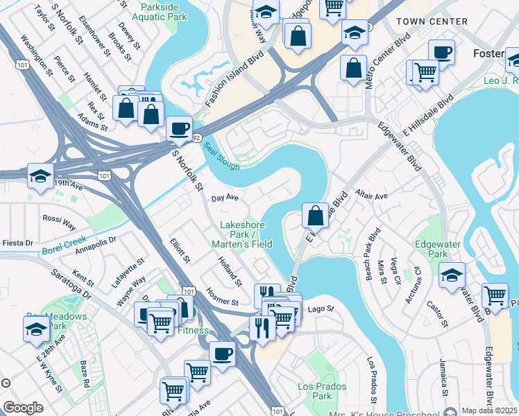 map of restaurants, bars, coffee shops, grocery stores, and more near 1608 Marina Court in San Mateo