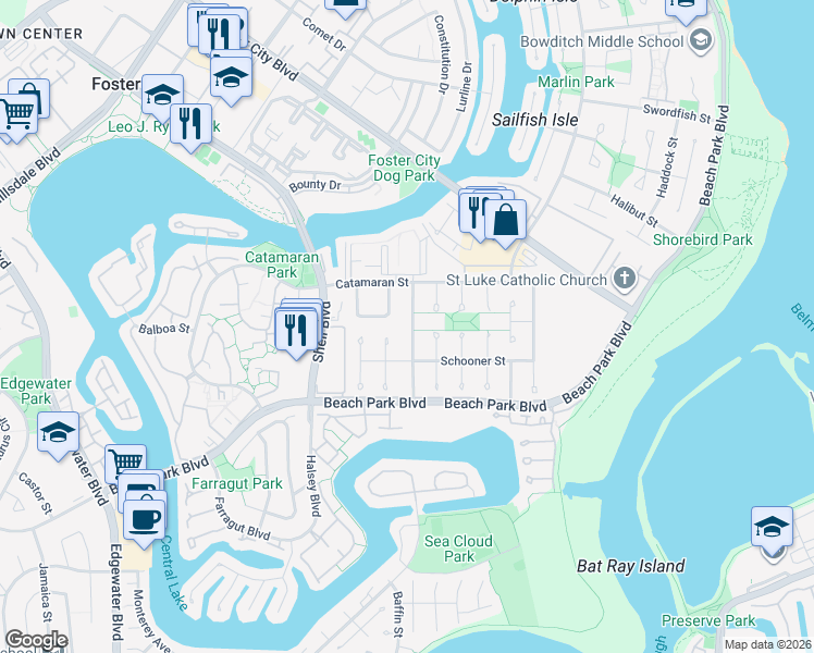 map of restaurants, bars, coffee shops, grocery stores, and more near 142 Barkentine Street in Foster City