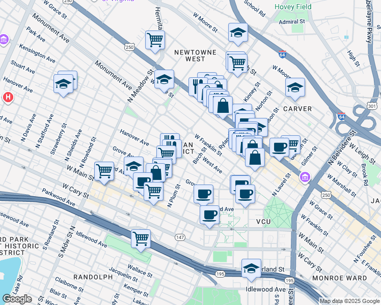 map of restaurants, bars, coffee shops, grocery stores, and more near 1517 West Avenue in Richmond