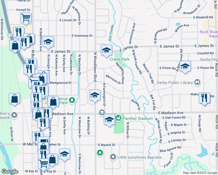 map of restaurants, bars, coffee shops, grocery stores, and more near 913 Wedgewood Dr in Derby