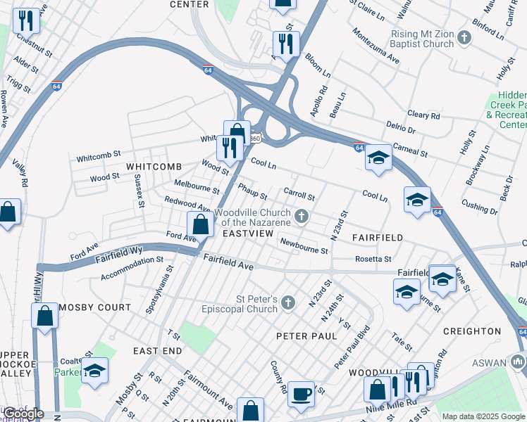 map of restaurants, bars, coffee shops, grocery stores, and more near 1801 North 19th Street in Richmond