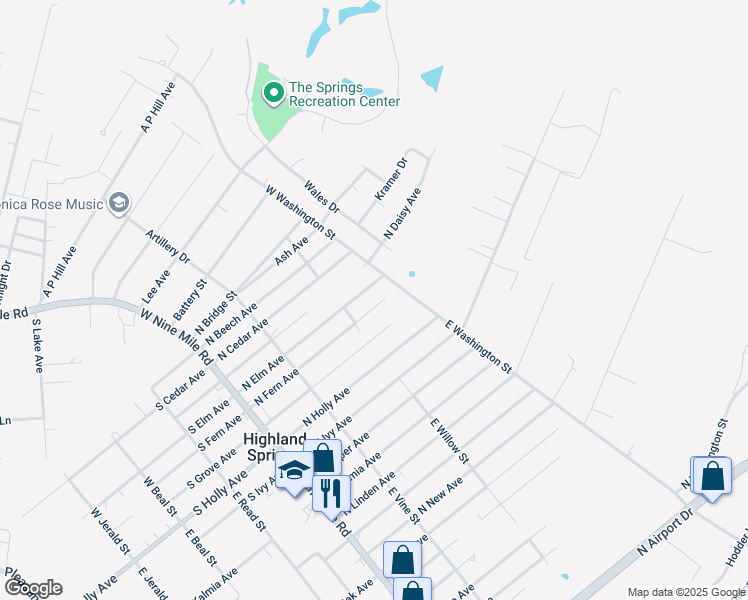 map of restaurants, bars, coffee shops, grocery stores, and more near 214 North Fern Avenue in Highland Springs
