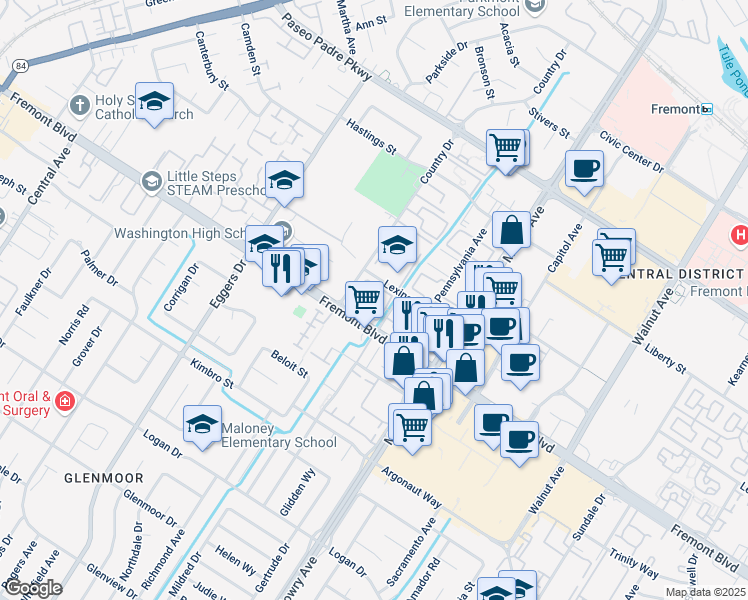 map of restaurants, bars, coffee shops, grocery stores, and more near 3939 Monroe Avenue in Fremont