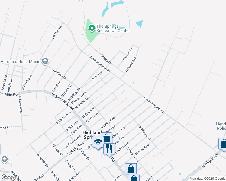 map of restaurants, bars, coffee shops, grocery stores, and more near 200 South Elm Avenue in Henrico