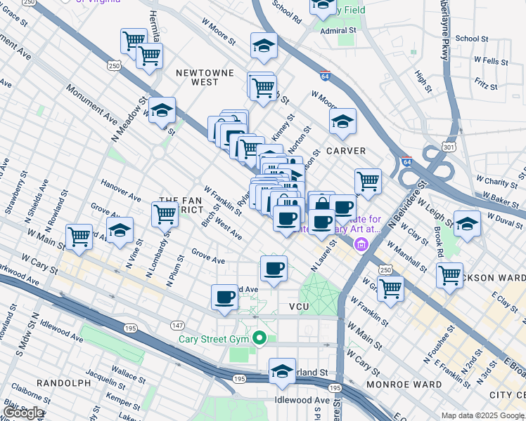 map of restaurants, bars, coffee shops, grocery stores, and more near 1011 West Grace Street in Richmond