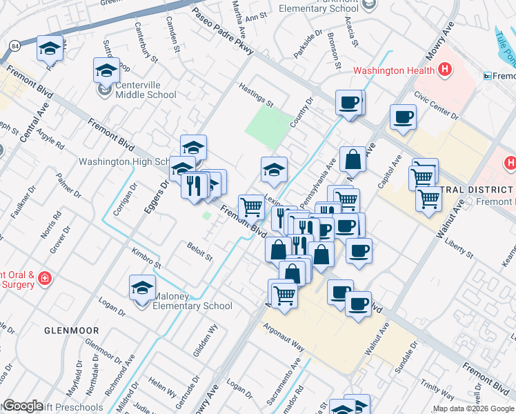 map of restaurants, bars, coffee shops, grocery stores, and more near 3939 Monroe Avenue in Fremont