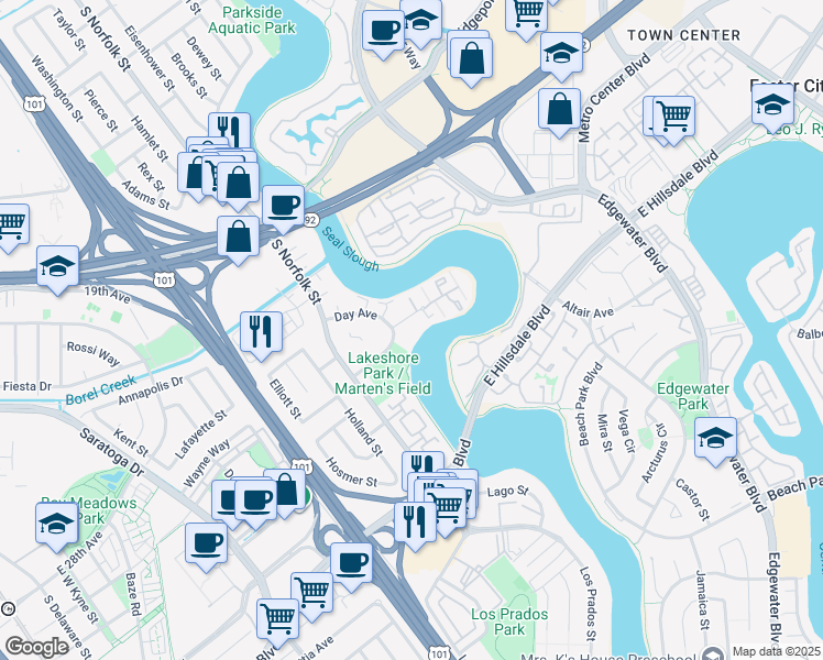 map of restaurants, bars, coffee shops, grocery stores, and more near 1608 Marina Court in San Mateo