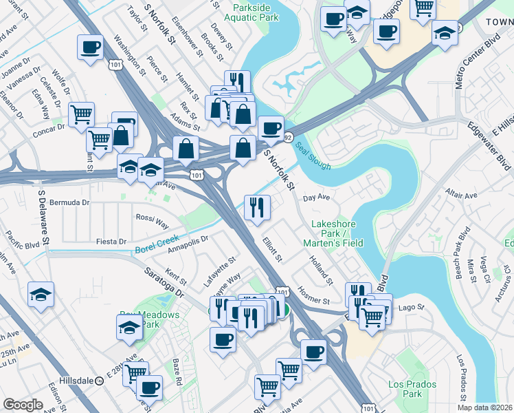 map of restaurants, bars, coffee shops, grocery stores, and more near 3 Waters Park Drive in San Mateo