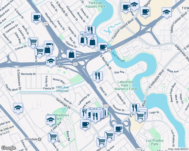 map of restaurants, bars, coffee shops, grocery stores, and more near 3 Waters Park Drive in San Mateo